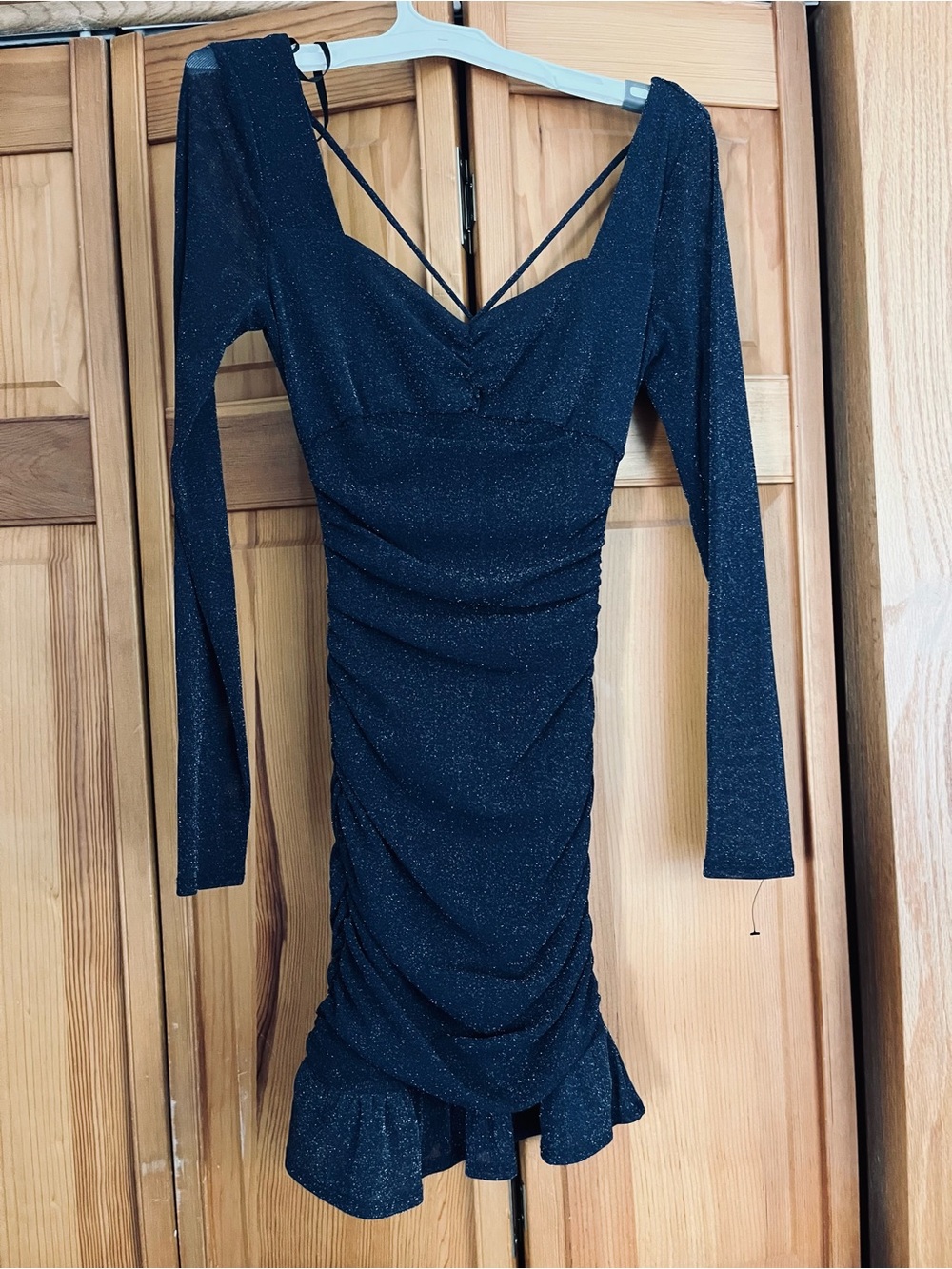 Women's Long Sleeve Sparkle Ruched body con Mini Dress - navy and gold